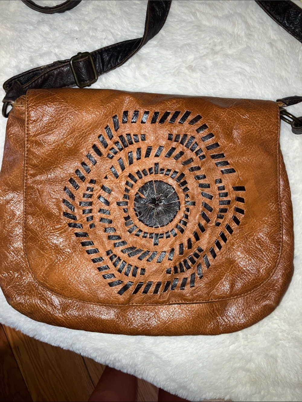 Brown Leather Crossbody Bag with Woven Accent